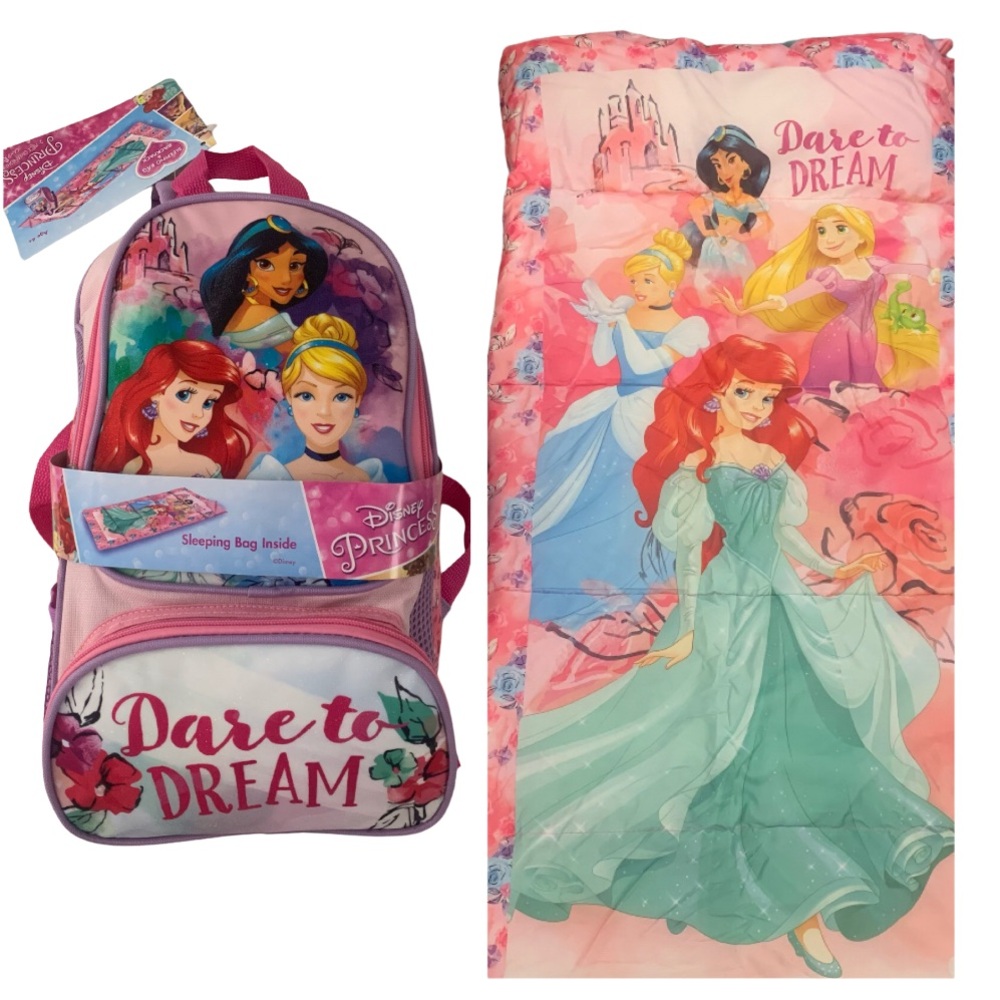 NWT 2-Piece Set Disney Dare To Dream Backpack and Sleeping Bag Disney Princesses